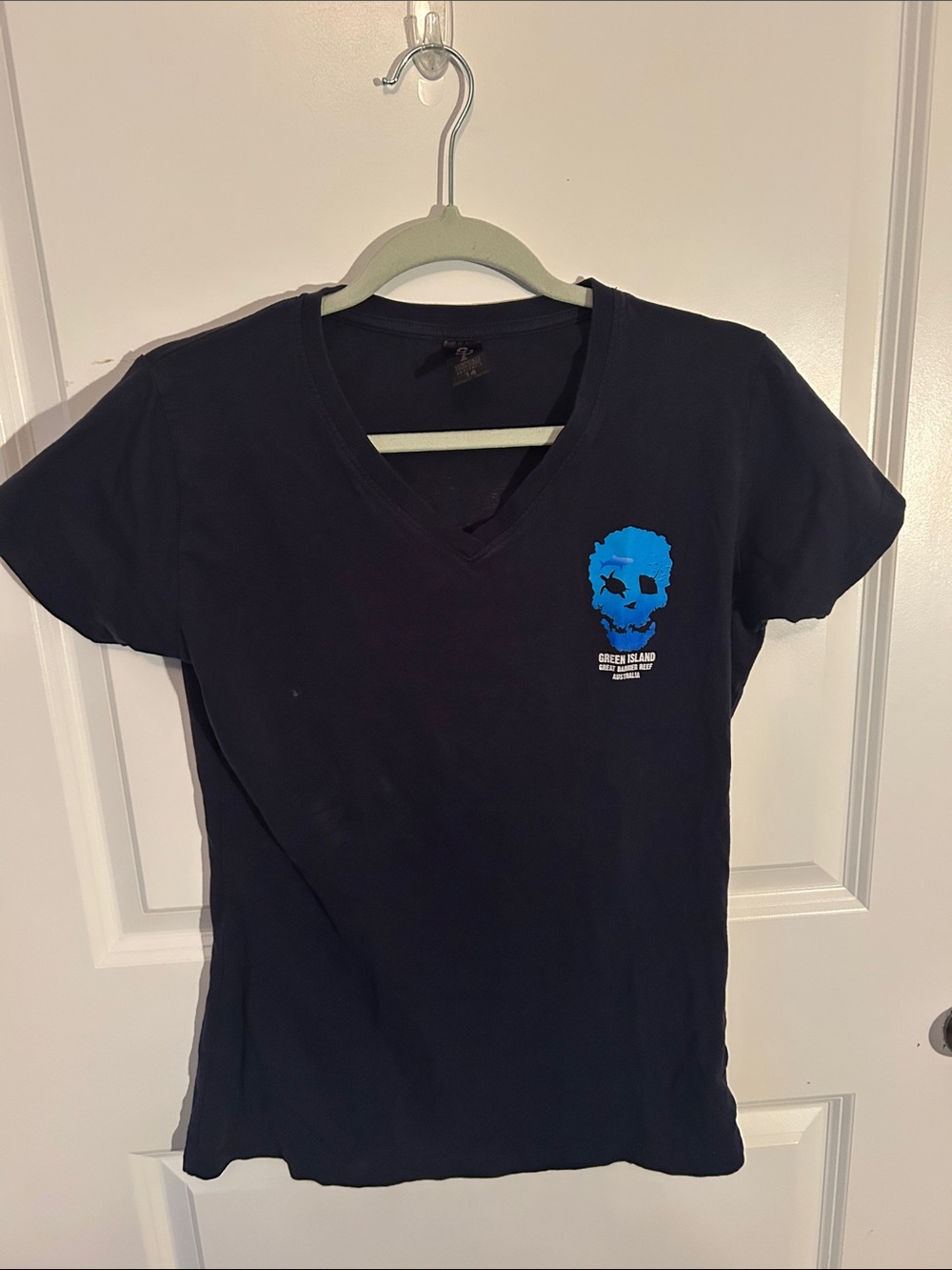 Black V-Neck Tee with Blue Skull Graphic from Australia